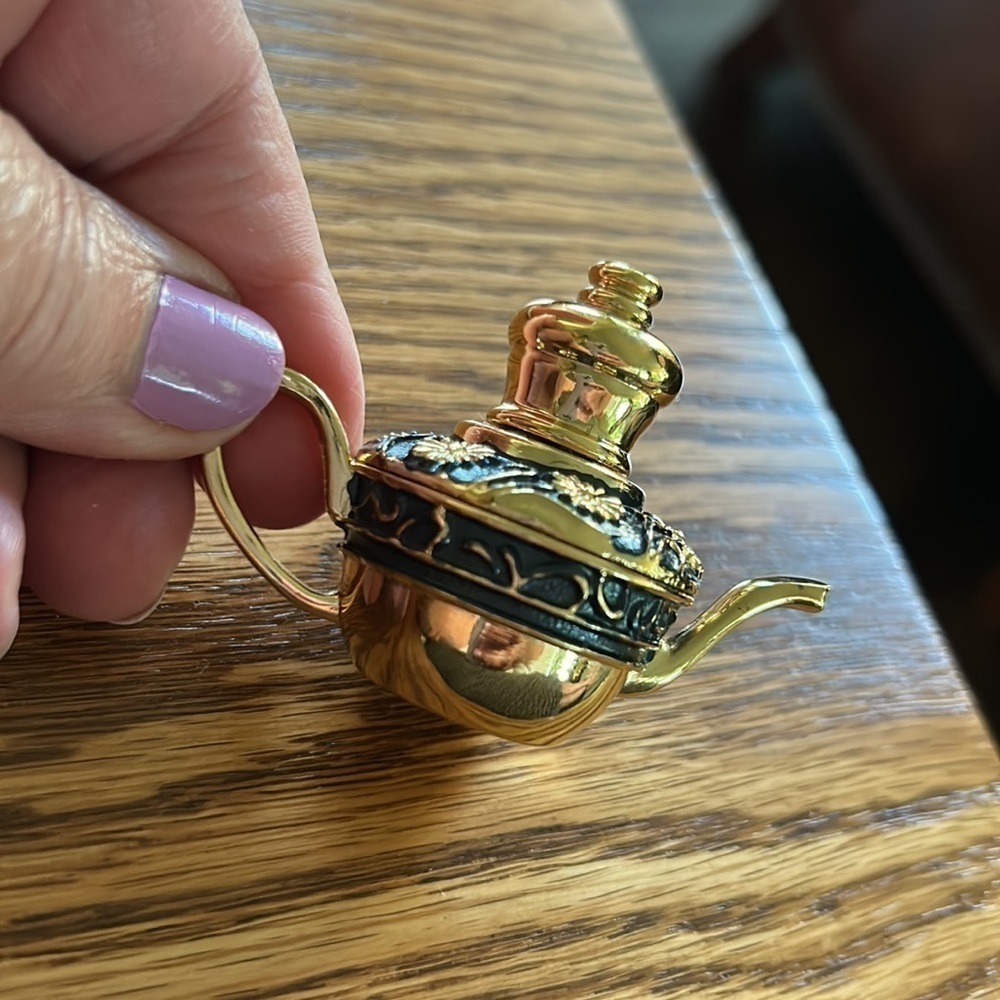 Perfume bottle with glass wand heavy gold-tone with navy blue enamel flower gems - Picture 1 of 10